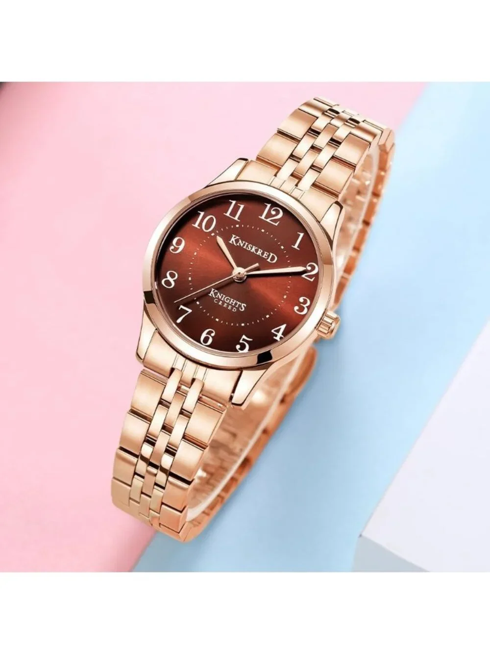 Women's Rose Gold Brown Solid Stainless Steel Band Easy to Read Dial Wrist Watch